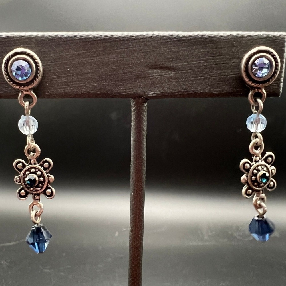 Two Tone Blue Bead Dangle‎ Pierced Earrings Silver Tone Drop